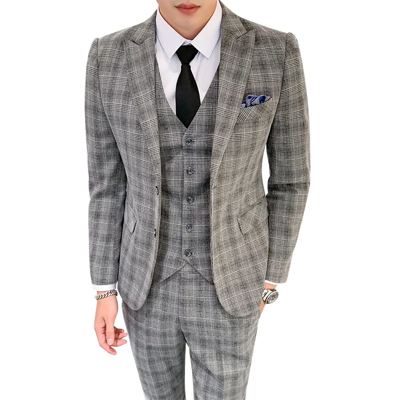 2020 Men's Business Plaid Official Suit Coat Pants Vest 3 PCS Set / Gentleman Groomsman Blazer Jackt Trousers Waistcoat S-5XL | Мужская