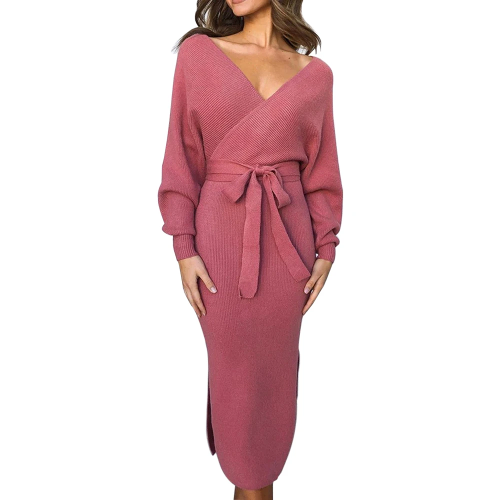 

2019 New Autumn Women Knitted Sweater Long Sleeve Dress Wrap Belted Tunic Vestidos Double V Neck Split Casual Dresses