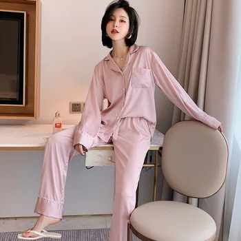 

European and American Big Style Pajamas Bag Pocket Pajamas Set Ice Silk Home Service Can Be Worn Outside Three-piece Suit Pijama