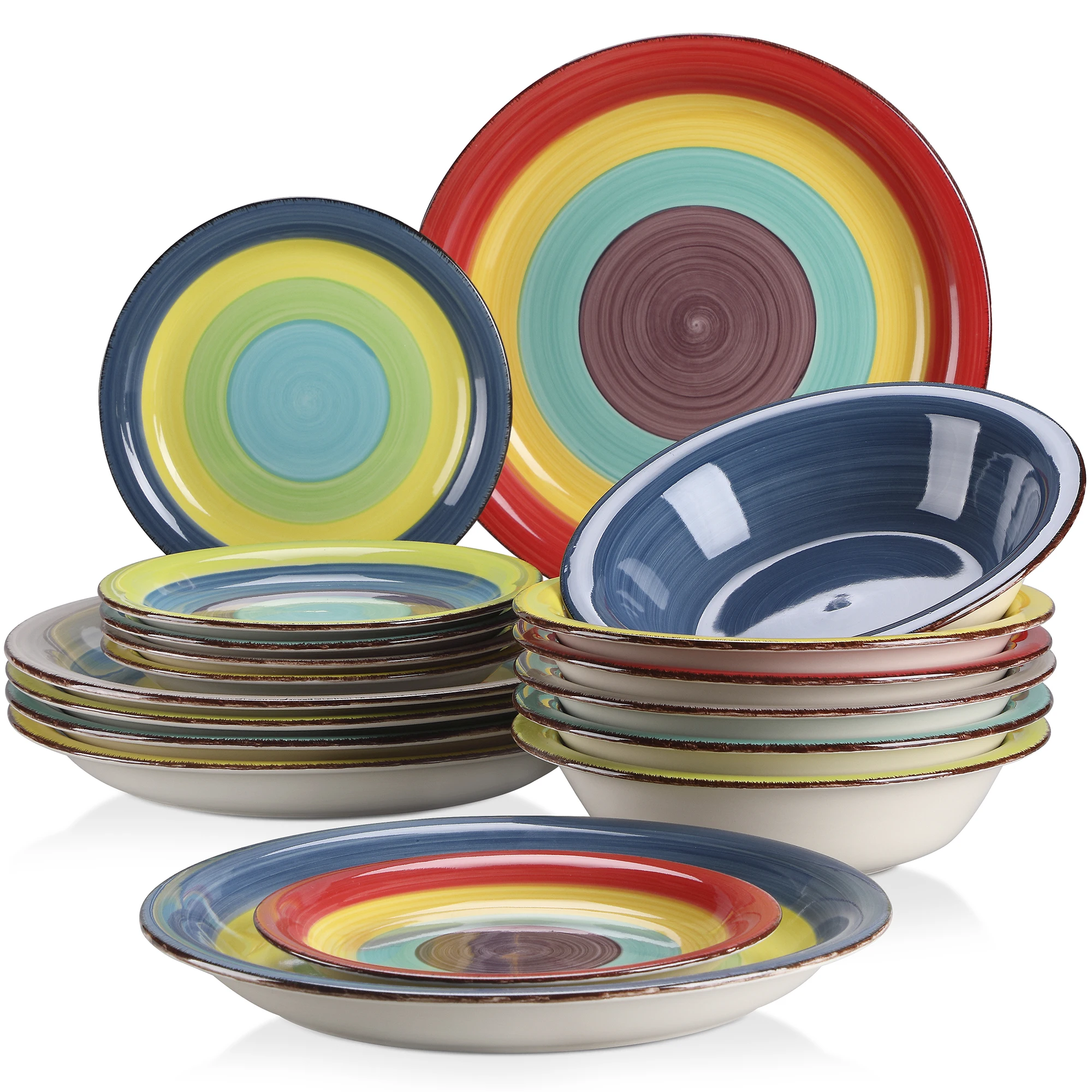 New Vancasso Arco 18-Piece Ceramic Tableware Set Handpainted Spiral and Alternately Colourful Pattern Stoneware Dinner Set for 6