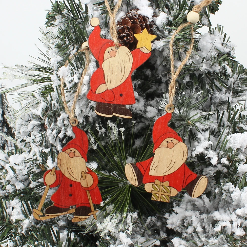 HUADODO 3Pcs Santa Claus Christmas Pendants Ornaments Wooden Craft for Christmas Tree Hanging Party decoration Kids toys