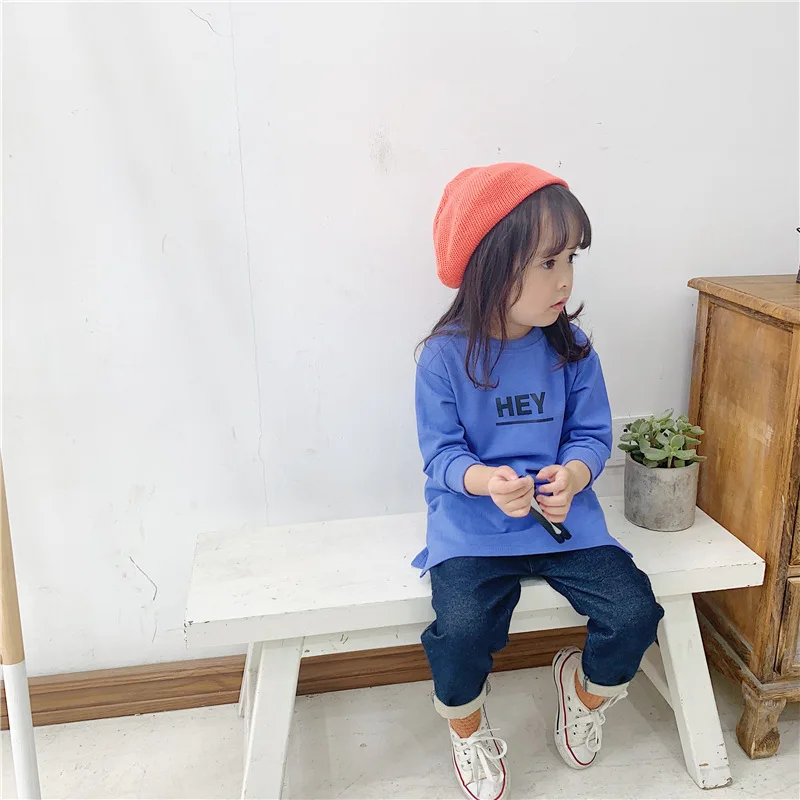 Korean Style Autumn Girls Pure Cotton Long T Shirts Kids Letters Printing Casual Tops Clothes