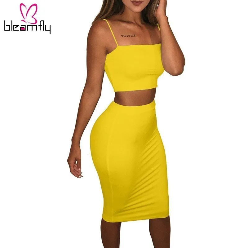 

Crop Top Set Women Summer Clothing Sets Yellow High Waist Pencil Midi Skirt Female Slim Sexy Bodycon Woman Matching Set Outfit