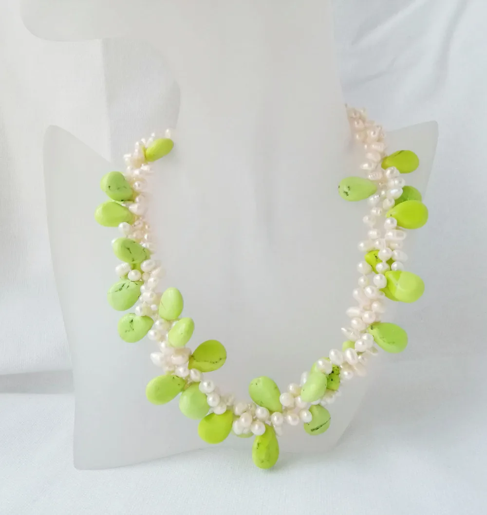 

3 strands white freshwater pearl green teardro howlite necklace 18" supply