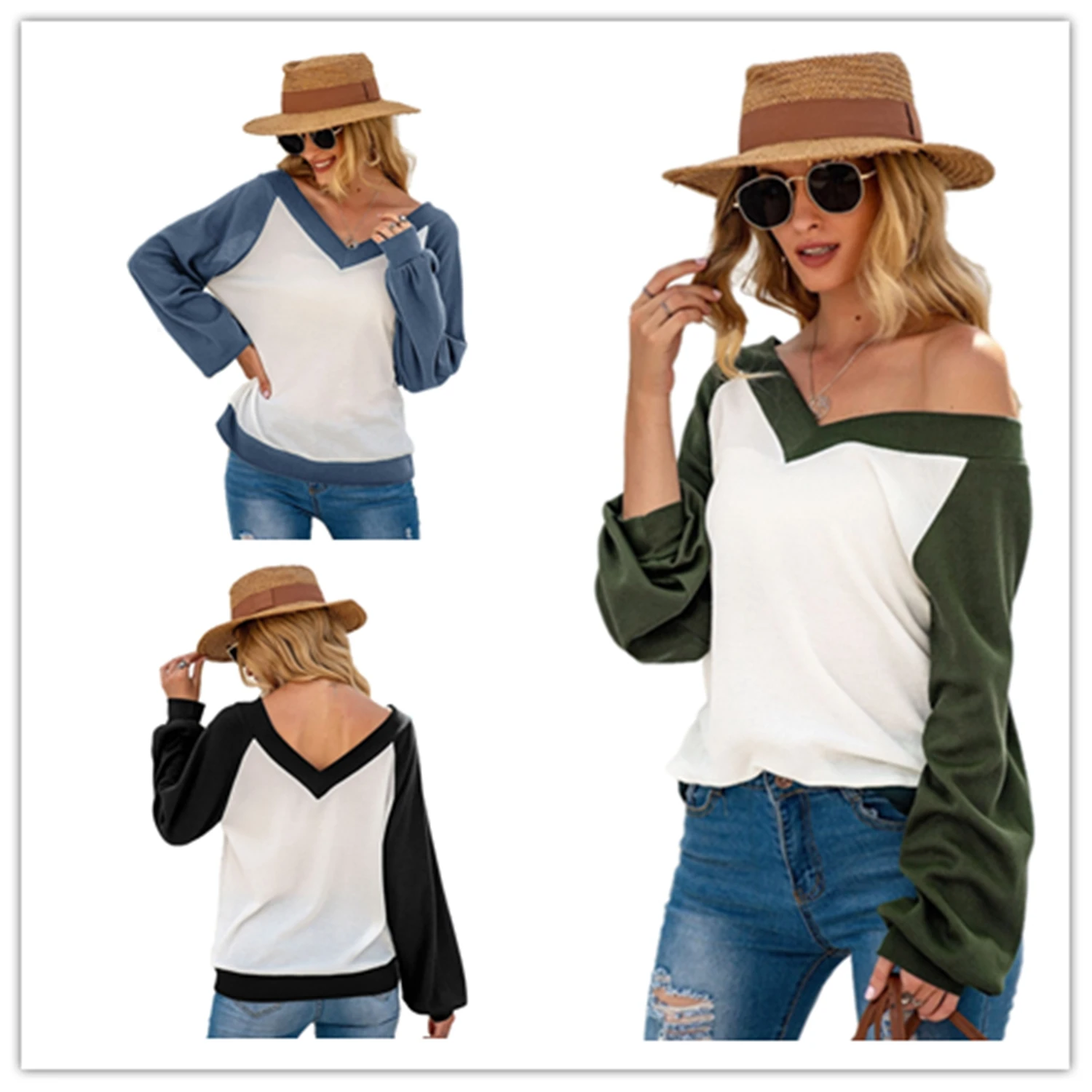 

AA Women Long Sleeve V-neck Color Block Top Fashion Long Sleeve Pullover Knit Top for Women Ladies
