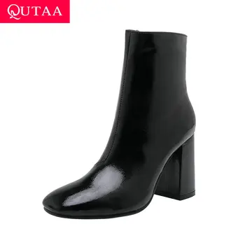 

QUTAA 2020 Ankle Boots Super Square High Heel Women Shoes Zipper Pointed Toe PU Leather Motorcycle Casual Big Size 34-43