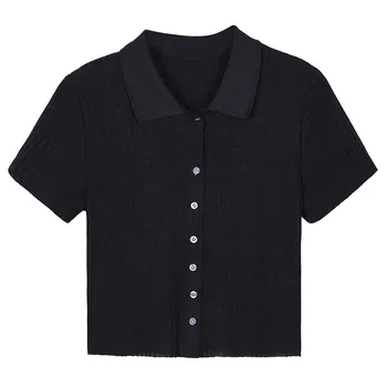 

Women T-Shirt Turn-down Collar Short Sleeve Casual Crop Top Shirt