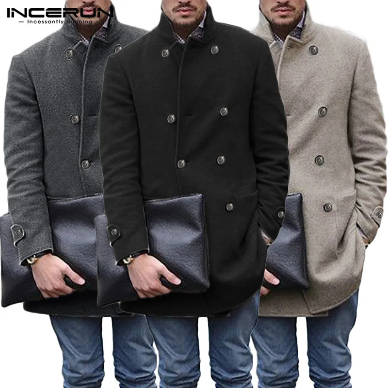 INCERUN, английское повседневное пальто, мужское, однотонное, стильное, с длинным рукавом, шерстяное пальто, теплое, комфортное, Мужская Уличная одежда, костюм, воротник, элегантное пальто