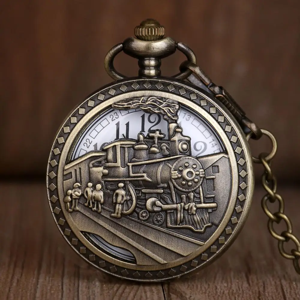 

Bronze Hollow Train Pocket Watches Necklace Pendant Chain Vintage Quartz Pocket Watches Unisex Gifts for Men Women Children
