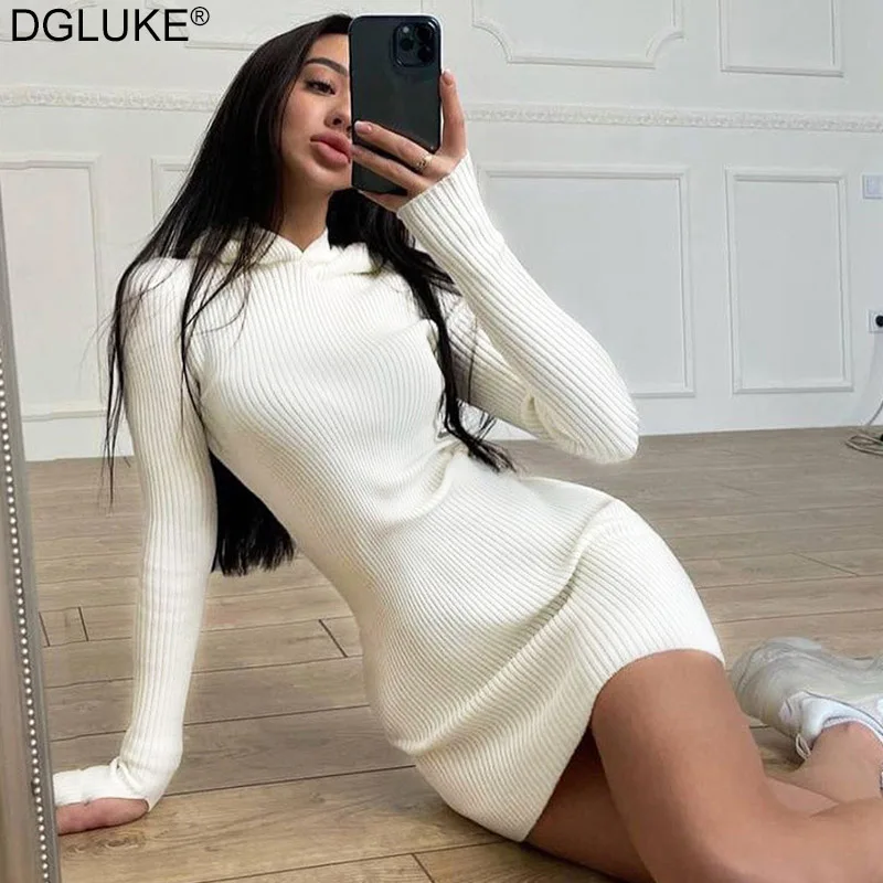 Autumn Winter Knitted Sweater Dress For Women 2021 White Black Long Sleeve Bodycon Mini Casual Hooded Sweatshirt Dresses | Женская