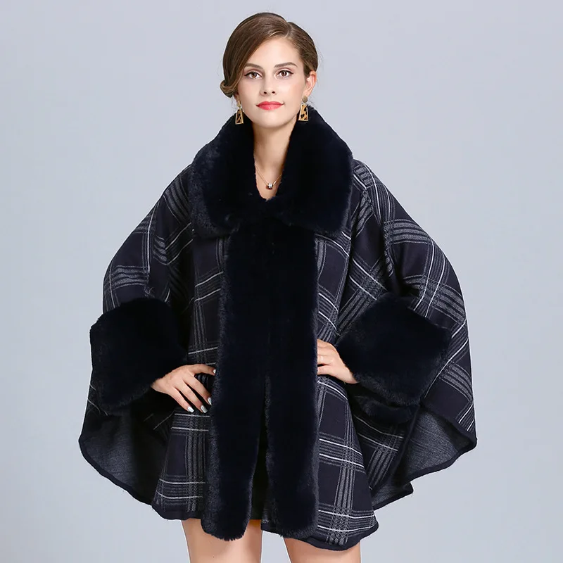 

EuropeStyle Loose Wide Lapel Fox Fur Cape Coat Plaid Knit Cashmere Poncho Overcoat Women Winter New Faux Fur Cloak Shawl