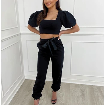 

Summer Casual T Shirt and Pencil Pants Square Collar Puff Sleeve Slim Short Top Trousers Two-piece Suit Black M Size