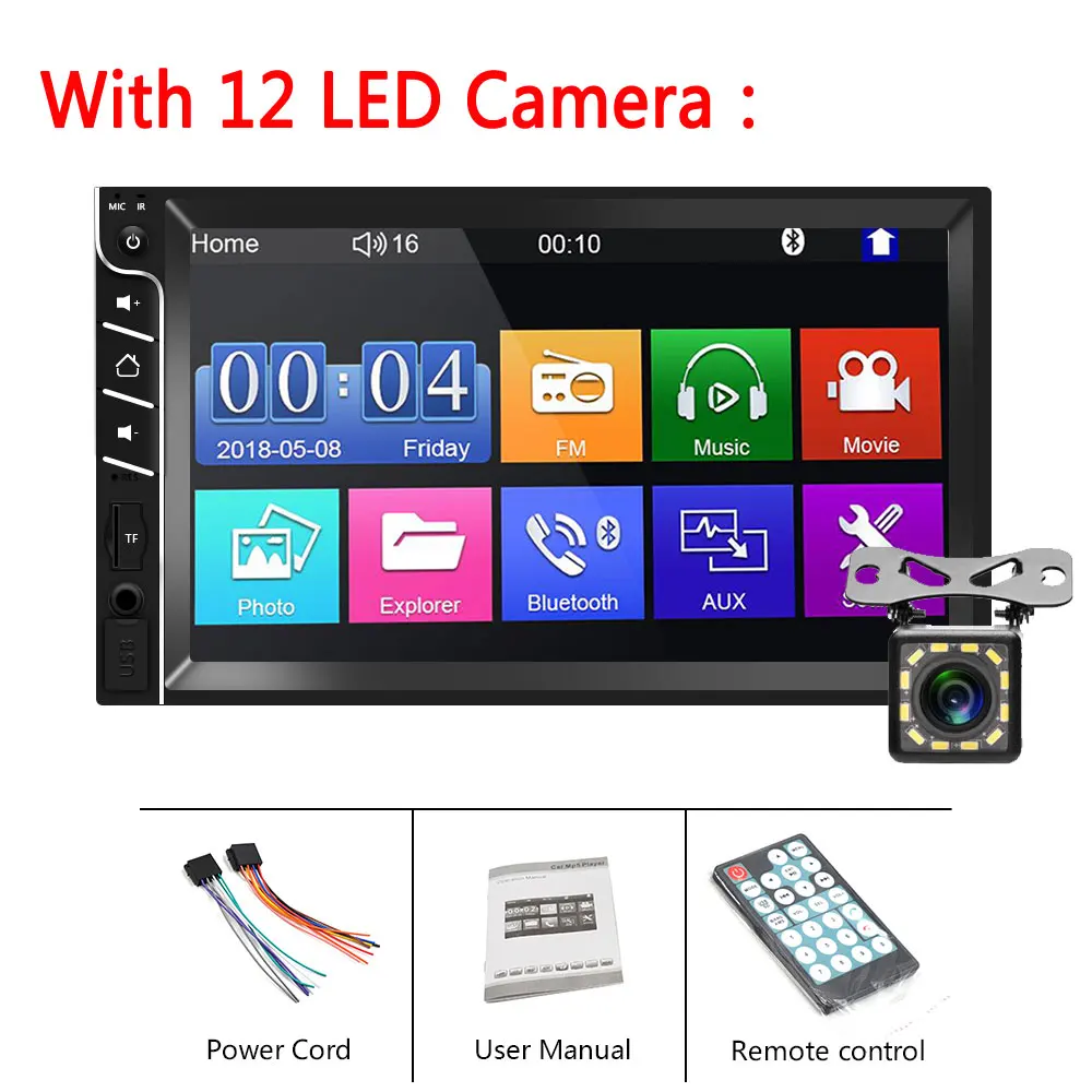 With 12 LED Camera Podofo 2Din автомобильный Радио Видео плеер 7 ''MP5 Авторадио с сенсорным экраном Bluetooth мультимедийный плеер 2 din Кассетный рекордер стерео - Цвет: With 12 LED Camera