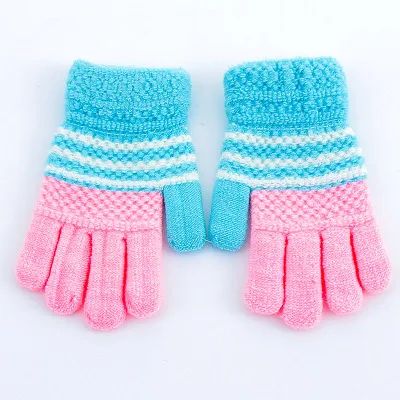 Новинка, зимние детские перчатки, 3D вязаные варежки, детские перчатки, вязаные варежки для девушек, плюшевые теплые перчатки и варежки - Цвет: blue white strip