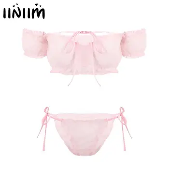 

Womens Self Tie Ruffle Trim Polka Dot Chiffon Exotic Lingerie Set Off Shoulder Short Sleeve Bra Top with Thong Briefs Bottom