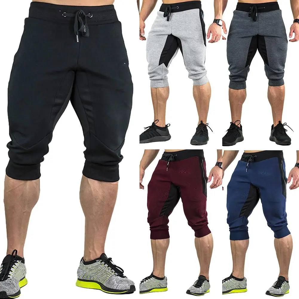 Men Casual Color Block Pockets Drawstring Capris Trousers Loose Sports Shorts Joggers Sweatpants Trousers Men Bermuda Shorts
