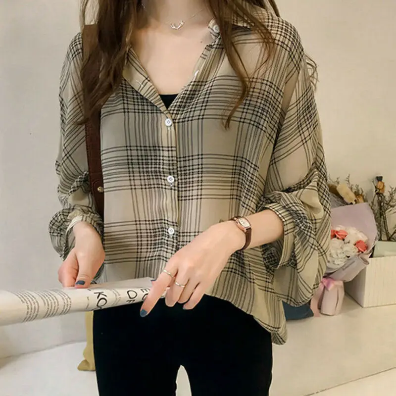 Women's Casual Check Shirts Summer Sunscreen Plaid Button Long Sleeve Baggy Shirt Ladies Blouse Tops and Blouses Plus Size M-4XL