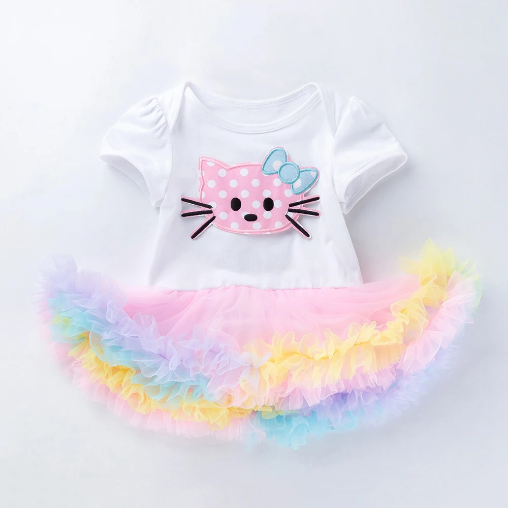 Cat Cake Summer New Baby Girl High-Quality Cotton Short-Sleeved White Pink  Yarn Color Hem Pretty Cartoon TUTU Skirt Romper Dress  Girl Baby Clothing