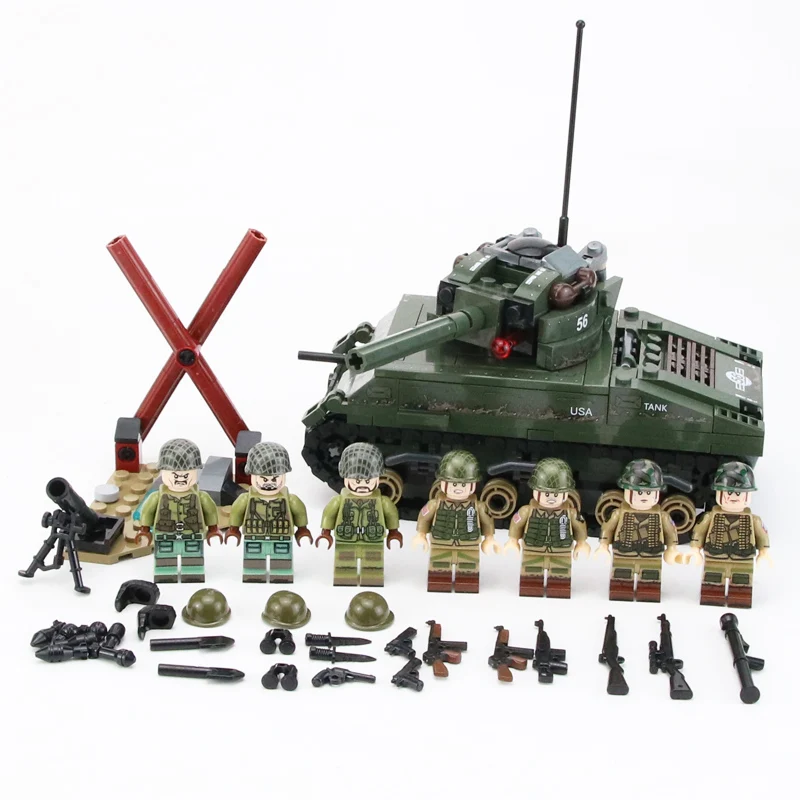  WW2 Military US Sherman M4 Tank Model Building Blocks US Army Soldiers Figures Helmet Weapons Brick
