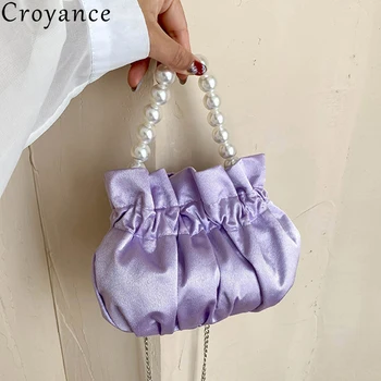 

Croyance Small Silk Drawstring Crossbody Bags for Women Elegant Bucket Bags Shoulder Bags Handbag Female Imitation Pearl Purse