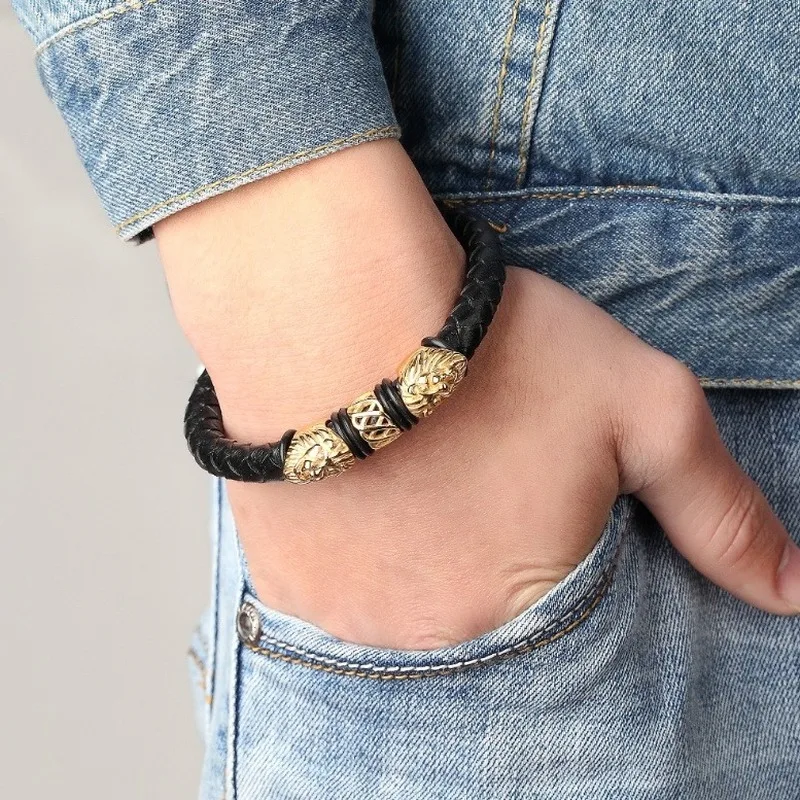 Leather Bracelets Leather Bracelet Magnetic Bracelet Classic Punk Metal Lion Magnetic Buckle Leather Bracelet Men's Charm Rock Party Jewelry