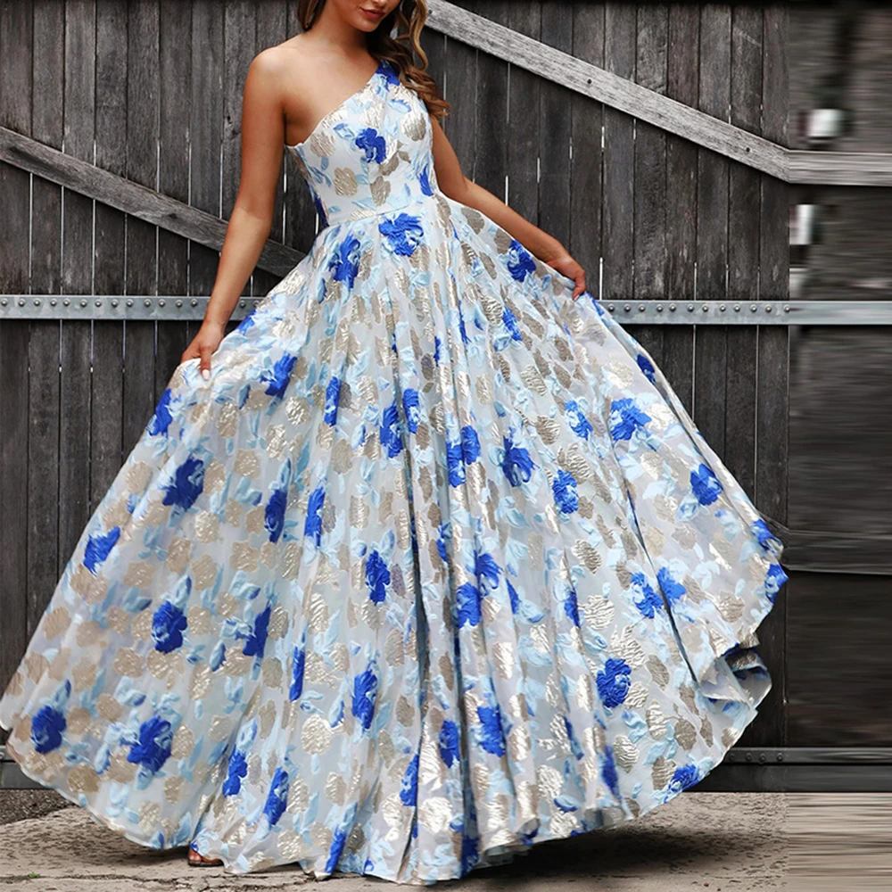 

Women Elegant One Shoulder Sleeveless Floral Print Maxi Dress Vestidos Bohemian Style High Waist Floor Length Party Dresses