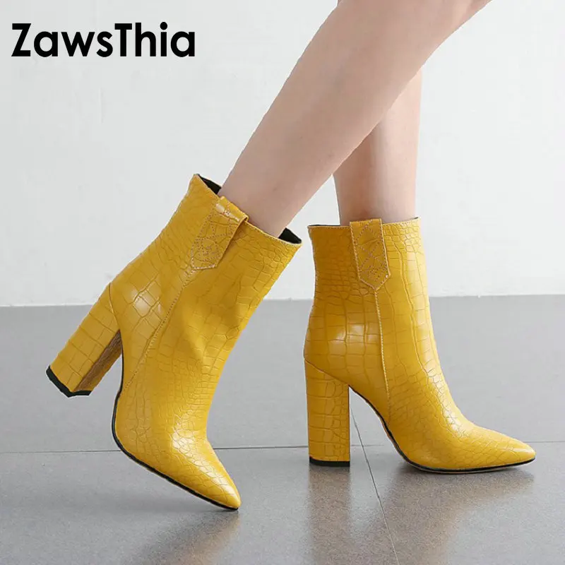ZawsThia/Новинка года; сезон зима-осень; желтые, коричневые, белые женские ботинки; обувь на высоком каблуке; Модные женские ботильоны; botas