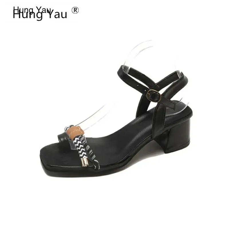Женские босоножки на высоком квадратном каблуке hang Yau черные кожаные сандалии