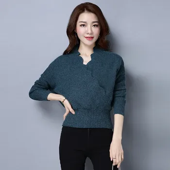 

Fashion Long Sleeve Pullover New Women Female Solid Jumper Knitting Clothes Sexy V neck Cross Knitted Thin Sweater