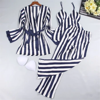 

Satin Striped Nightwear For Women 3PCS Pajamas Set Silk Sleepwear With Chest Pad Sexy Lingerie Lounge Casual пижама женская