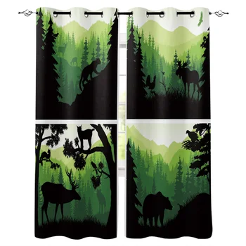 

Animal Forest Deer Elk Mountain Green Sunset Window Curtains LivingRoom Kitchen Curtains Left and Right Biparting Open