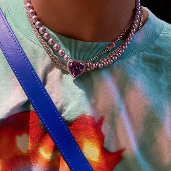 

Luxury Fashion Sweet Girl Elegant Purple Crystal Heart Pendant Necklace Short Silver Color Chain Pearl Multi-Layer Necklace