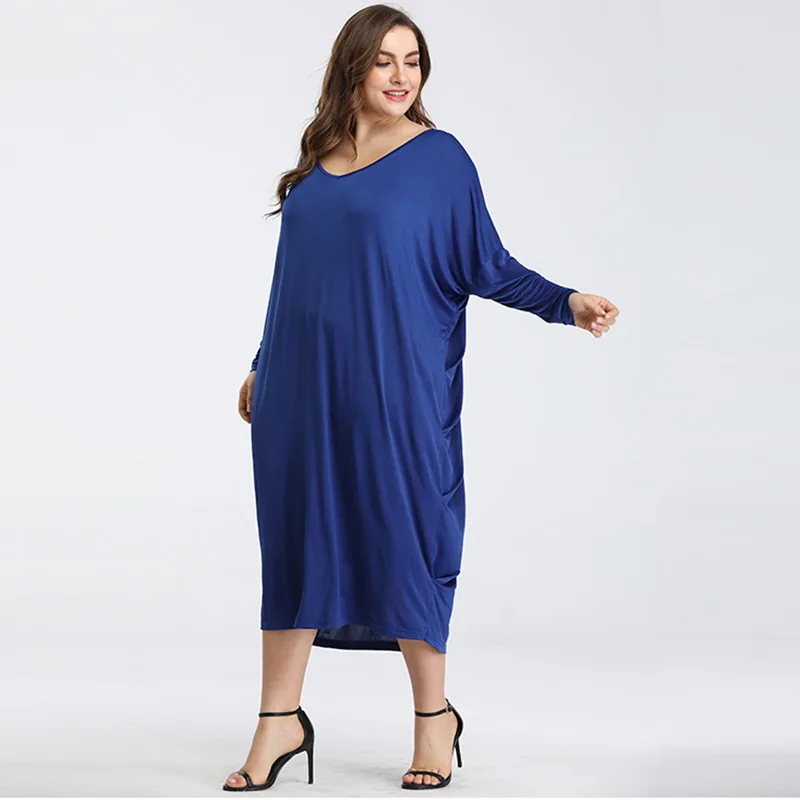 187929 летнее платье большого размера в европейском и американском стиле однотонное платье свободного кроя спереди с длинными рукавами платье средней длины Женская D