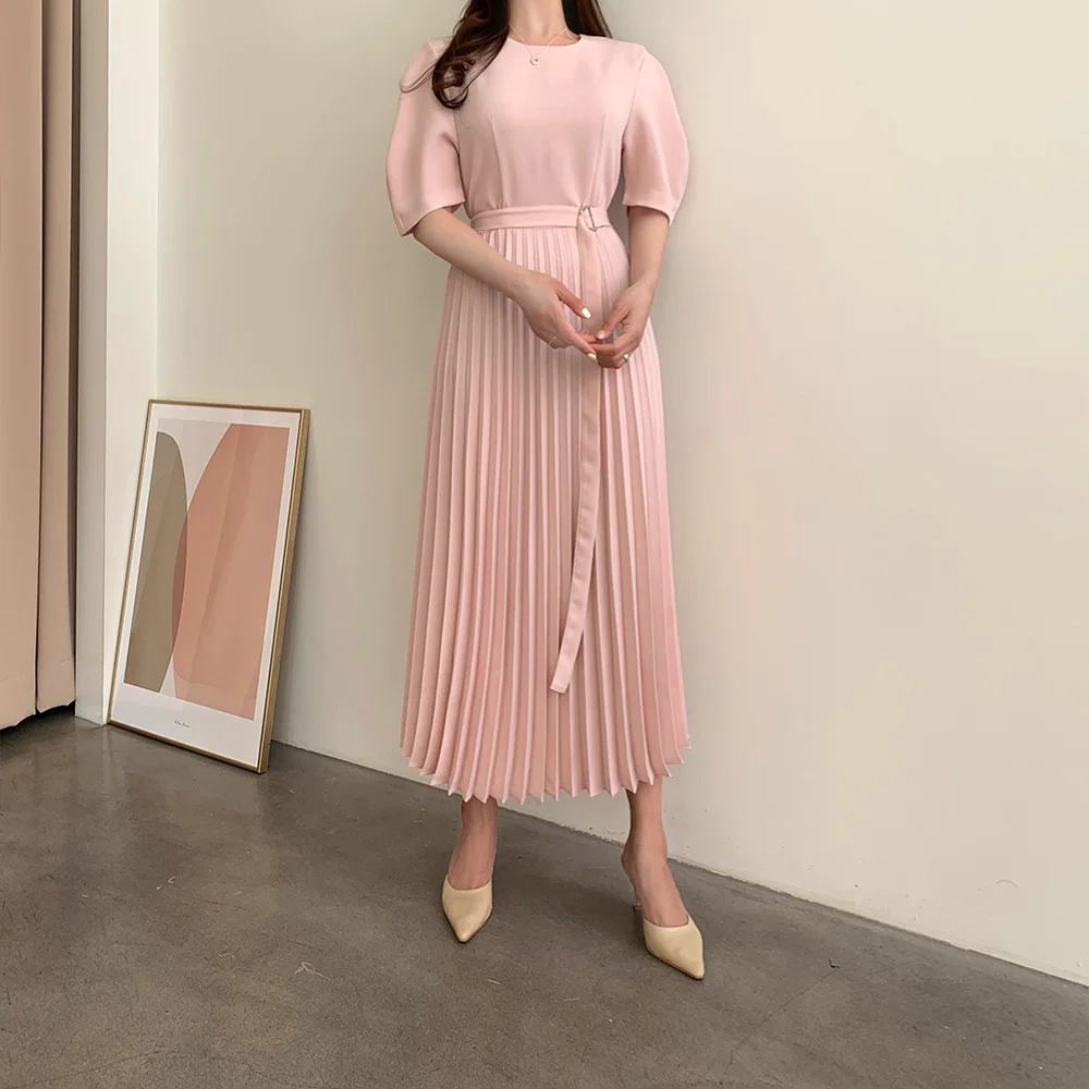 

2020 Summer Midi Office Wear Women Dress Vestidos Femme Elegant O-neck Sashes Short Sleeve Female Pleated Dress Vs094