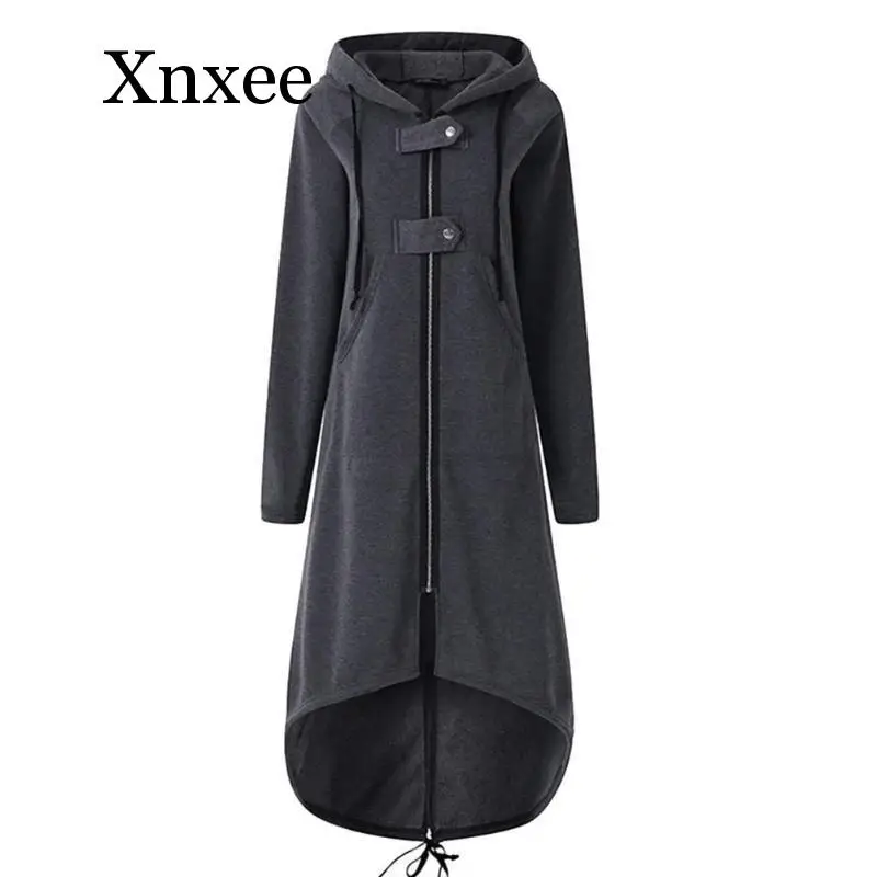 Black Long Coat Women Solid Color Zipper Long-sleeves Coat Female Loose Leisure Fleece Irregular Long Jacket X-long