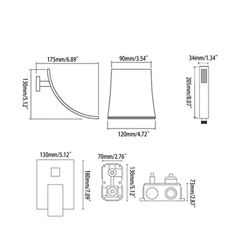 Modern Waterfall Wall-Mount Tub Filler Faucet & Handshower Black 7