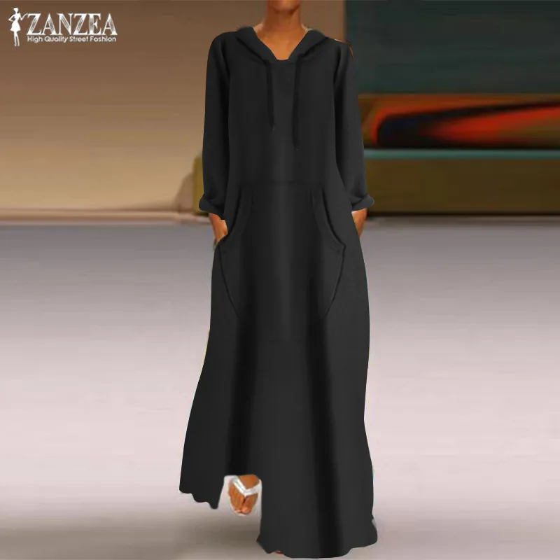 Осенние однотонные толстовки платье ZANZEA женское длинное макси Vestidos Повседневная Толстовка с капюшоном, толстовки длинный рукав халат женский