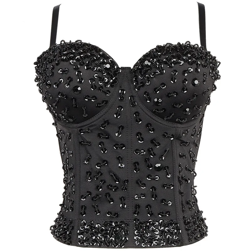 

Lady Black White Sequins Beading Tank Tops Sling Camisole Corset Beads Short Top Bustier For Singer Dancer Stage Wear