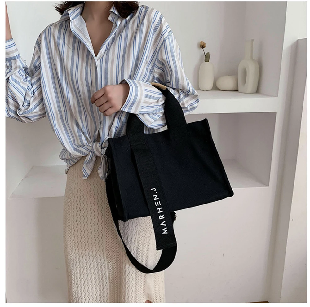 Women Fashion Canvas Shoulder Bag Large Capacity Female Big Tote Handbag Folding Reusable Shopping Bags Thin Strap Cloth Bags