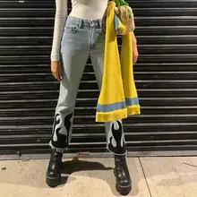 Повседневные Пламенные огненные джинсы с узором женские синие на молнии с высокой талией прямые джинсовые брюки