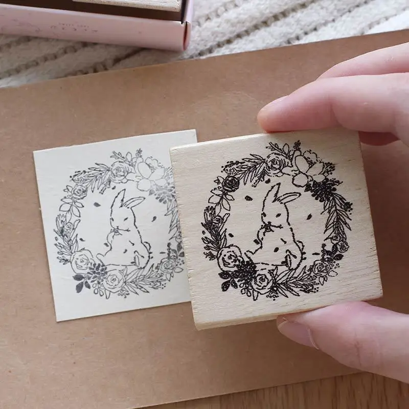 

WOKO Lovely Garland Rabbit Retro Animal Flower Seal Stamp Wood and Rubber Seal Log Rubber Stamp Decorative Dairy Book Escolar