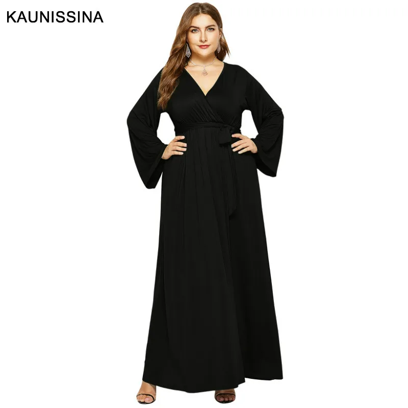 Black KAUNISSINA размера плюс коктейльное платье с длинным рукавом Вечерние платья с v-образным вырезом до лодыжки платья для выпускного вечера - Цвет: Black