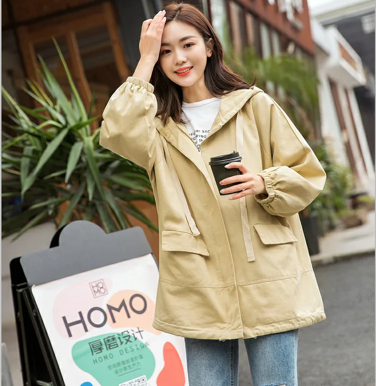 

Spring New Style Large Pocket Drawstring Hooded Workwear Coat GIRL'S Loose-Fit Slimming Students Tops 2019s26281