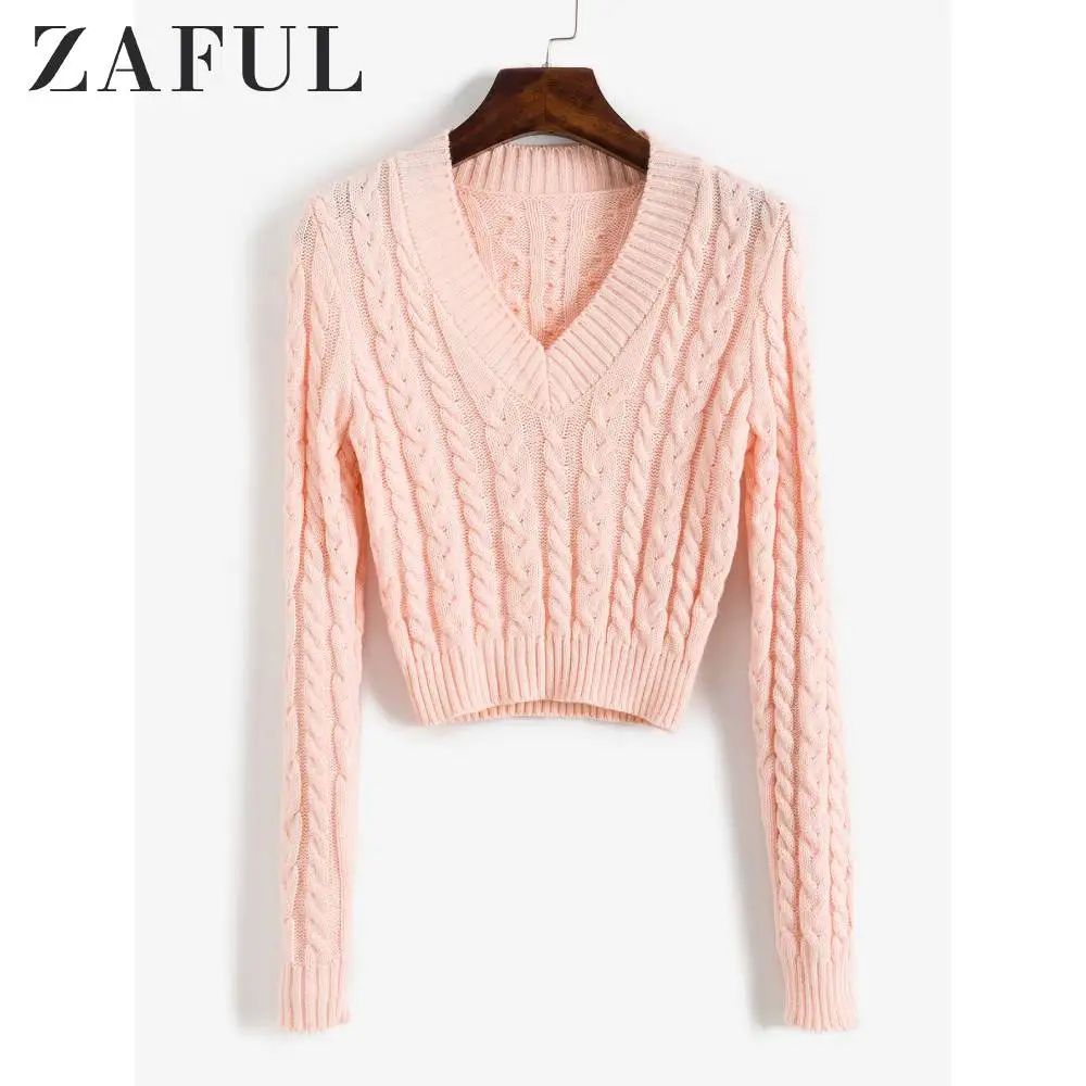 ZAFUL, укороченный, v-образный вырез, Однотонный свитер для женщин, длинный рукав, пуловеры для молодых девушек, осень