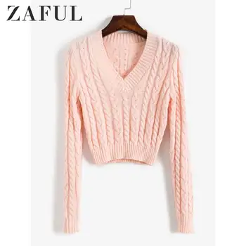

ZAFUL Cropped V Neck Solid Color Sweater For Women Long Sleeve Pullovers Young Ladies Autumn Hot Sale 2019