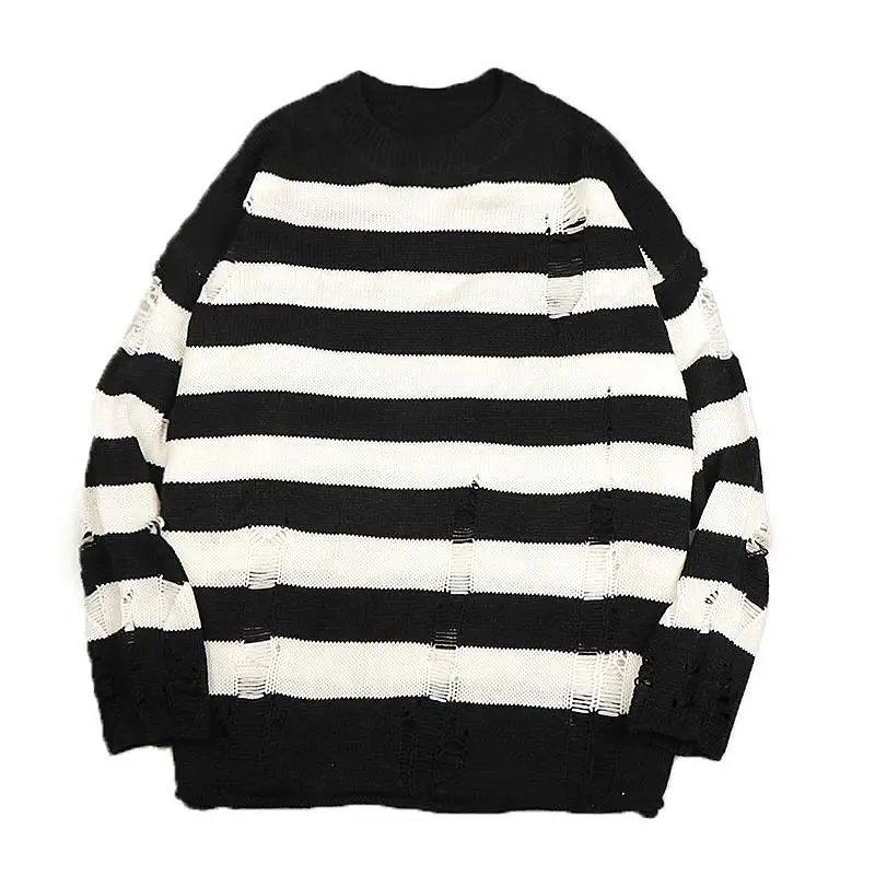 Black Stripe Sweaters Destroyed Ripped Sweater Men Pullover Hole Knit Jumpers Men Oversized Sweatshirt Harajuku Long Sleeve Tops 4