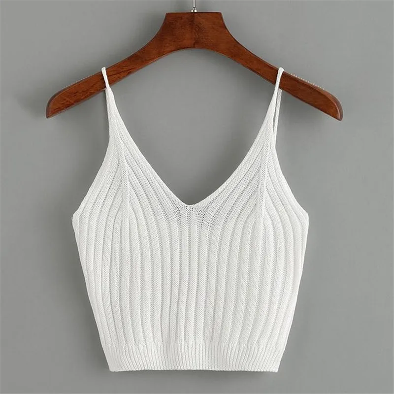 

2019 New Women Tanks Tops Sling Knit Vest Solid Color Slim Short Coat V-Neck Solid Color Camis