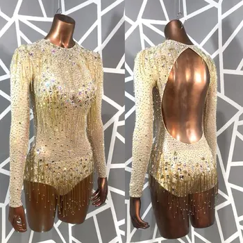 

Beaded tassels Rhinestones Bodysuit Women Stage Dance Costume Nightclub Dance Female Singer Show Bright Leotard backless