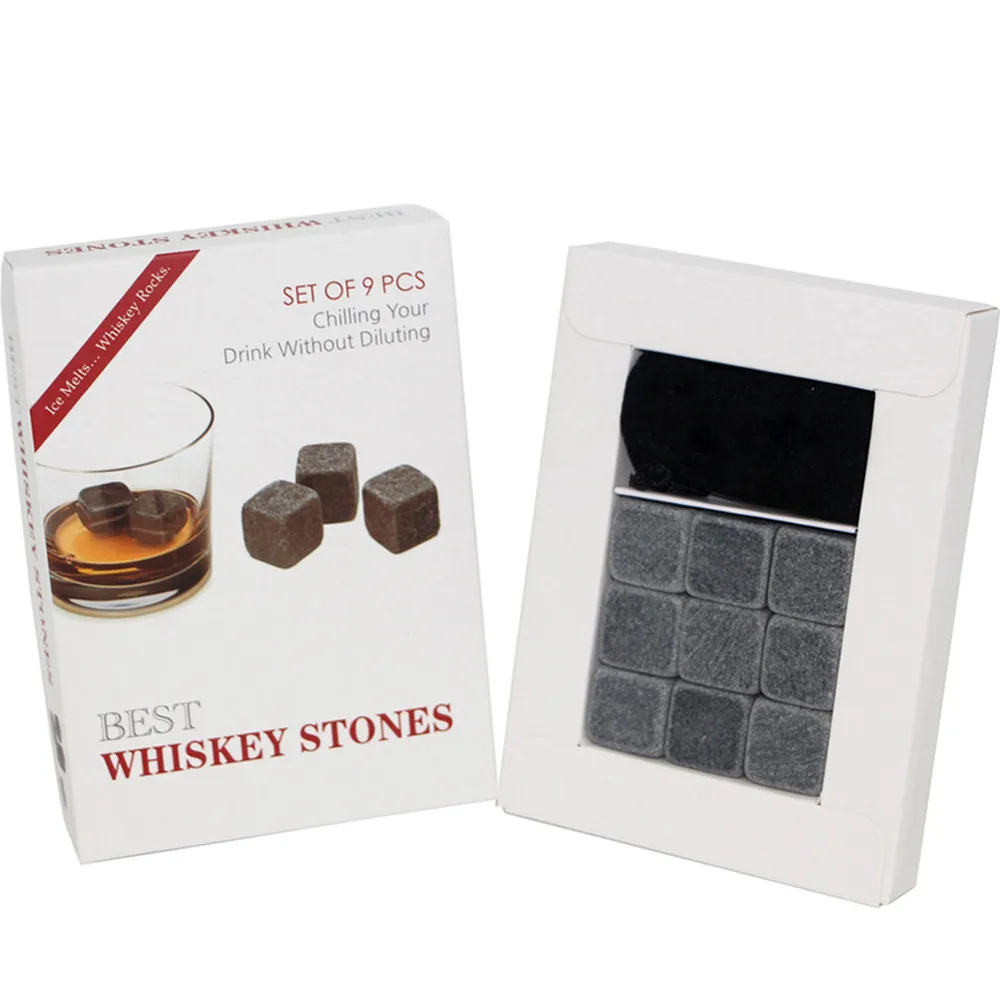 Whiskey Stone Black Velvet Bag Ice Cube Stone Paper Box 9 Pcs