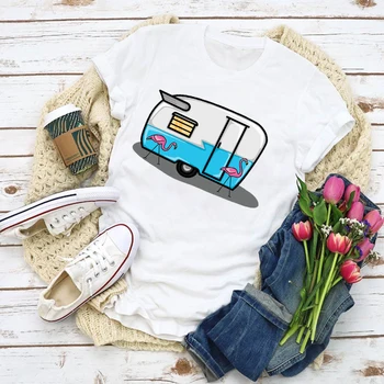 

Women Graphic Flamingo Camper Trip Cartoon Print Lady Summer T-Shirt Shirt Tops Lady Clothes Womens Clothing Tee Female T Shirt